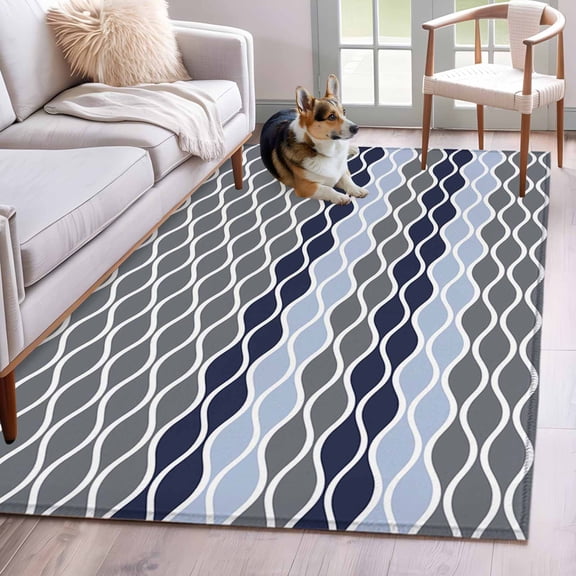 Moroccan Ombre Dark Gray Blue Area Rugs 3x5 ft Abstract Wave Lines Retro Washable Rug Non Slip Indoor Carpet Absorbent Floor Mat for Living Room Bedroom Dining Room