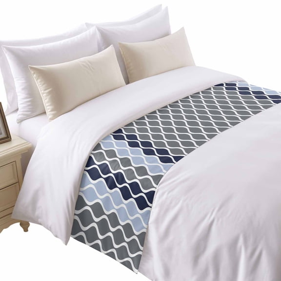 Moroccan Ombre Dark Gray Blue Bed Runner for Twin Size Bed, Abstract Wave Lines Retro Soft Bedding Scarf Bedding Protector Slipcover Sofa Throw for Bedroom Hotel Guesthouse