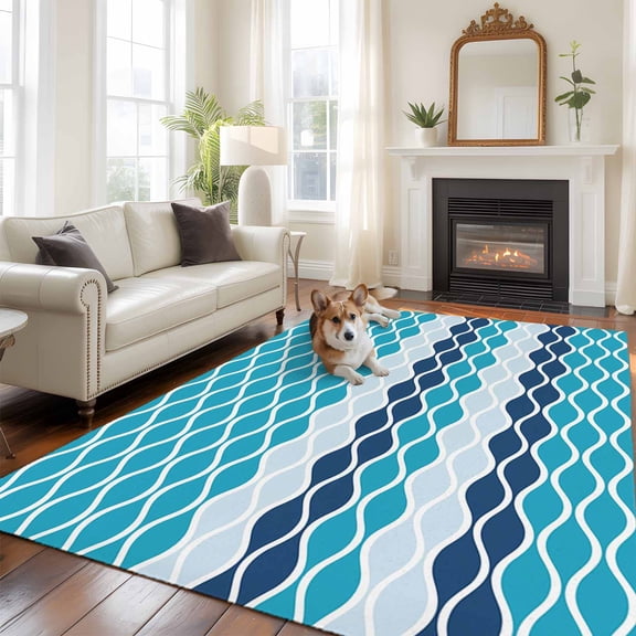 Moroccan Ombre Teal Blue Large Area Rugs 8x10 ft Abstract Wave Lines Retro Washable Rug Non Slip Indoor Carpet Absorbent Floor Mat for Living Room Bedroom Dining Room