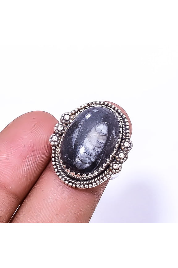 Moroccan Orthoceras - Fossil 925 Sterling Silver Bali Ring S.6 R_9415_216_31, Gemstone Jewelry, Birthday Gift, Christmas Gift