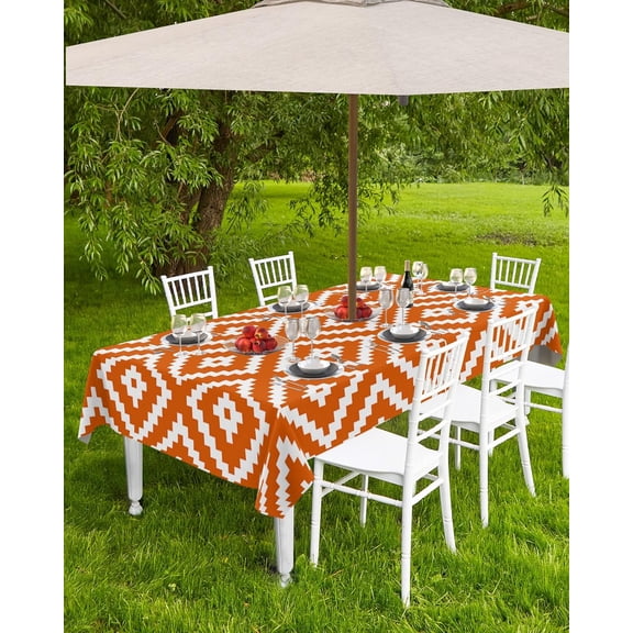 Moroccan Outdoor Rectangle Tablecloth with Umbrella Hole, Orange Modern Abstract Zippered Table Cloth Geometry Plaid Waterproof Tabletop Collection for Patio, Garden, Picnic, Camping 60 x 102 Inch