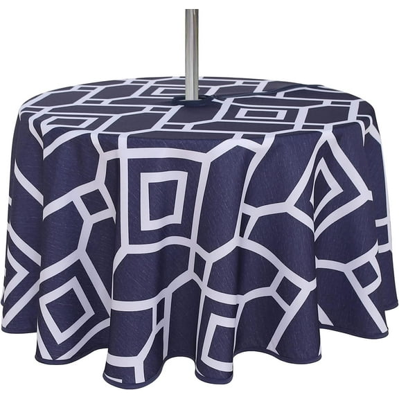 Moroccan Outdoor Round Tablecloth with Umbrella Hole and Zipper, 60 Inch Navy, Waterproof Wrinkle Free Table Cloth Decorative Fabric Washable Table Cover for Patio, Party, Picnic