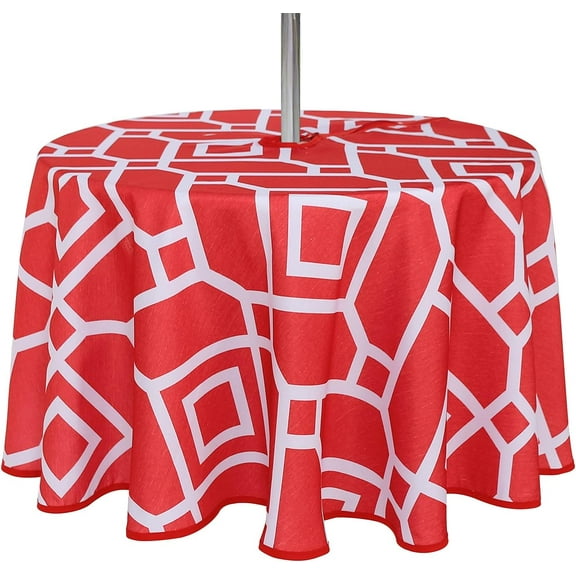 Moroccan Outdoor Round Tablecloth with Umbrella Hole and Zipper, 60 Inch Red, Waterproof Wrinkle Free Table Cloth Decorative Fabric Washable Table Cover for Patio, Party, Picnic