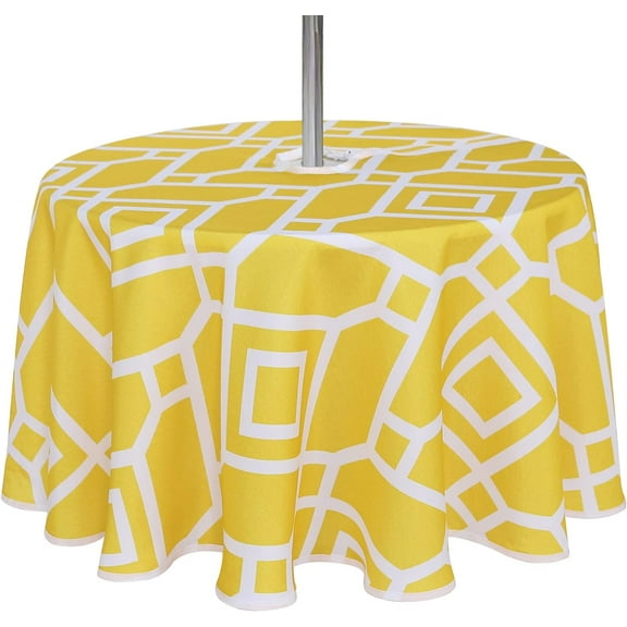 Moroccan Outdoor Round Tablecloth with Umbrella Hole and Zipper, 60 Inch Yellow, Waterproof Wrinkle Free Table Cloth Decorative Fabric Washable Table Cover for Patio, Party, Picnic