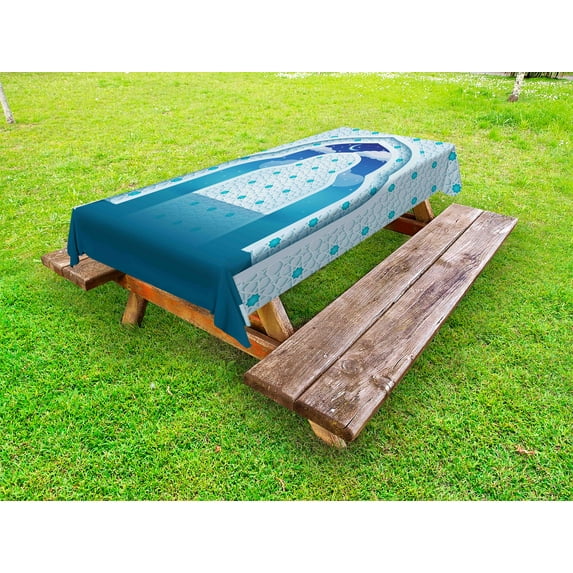 Moroccan Outdoor Tablecloth, Arabic Quote Textured Mosque Arch Door with Cloudy Star Sky Night Backdrop Print, Decorative Washable Fabric Picnic Tablecloth, 58 X 104 Inches, Navy Blue, by Ambesonne