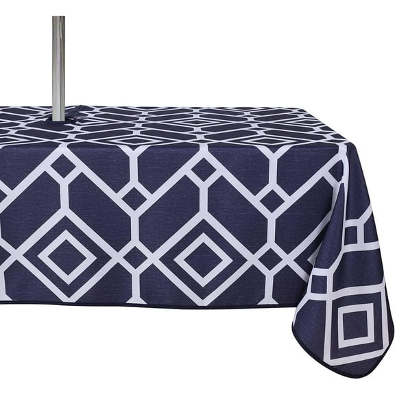 Moroccan Outdoor Tablecloth with Umbrella Hole and Zipper, 60 x 84 Inch Navy, Rectangle Waterproof Wrinkle Free Table Cloth Decorative Fabric Washable Table Cover for Patio, Party, Picnic