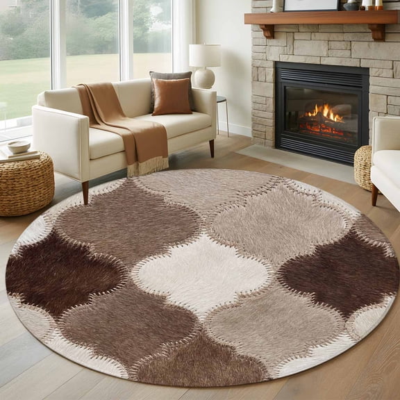 Moroccan Patchwork 6FT Round Area Rugs for Living Room Western Ethnic Abstract Brown Beige Cream Fur Style Ultra-Thin Non-Slip Round Rugs Washable Low Pile Circle Carpet for Bedroom Kitchen Nursery