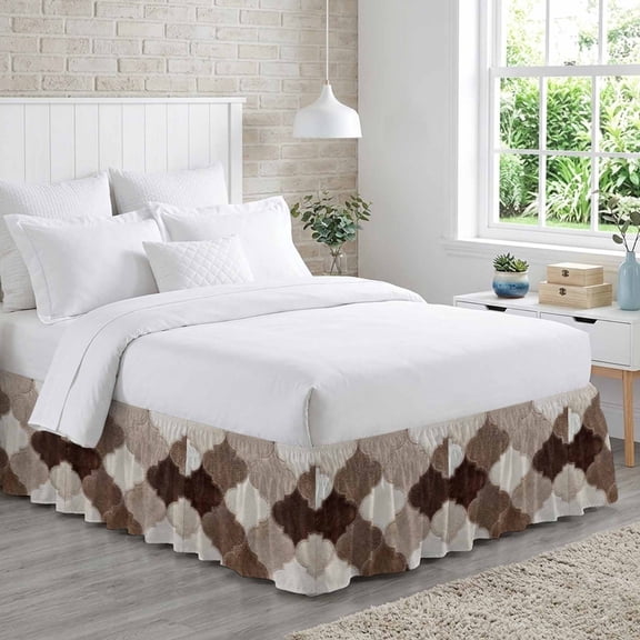 Moroccan Patchwork Bed Skirt Queen Size 18 Inch Drop, Western Ethnic Abstract Brown Beige Cream Fur Style Adjustable Elastic Dust Ruffles Bedskirt for Queen Bed Wrap Around Pleated Mattress Cover