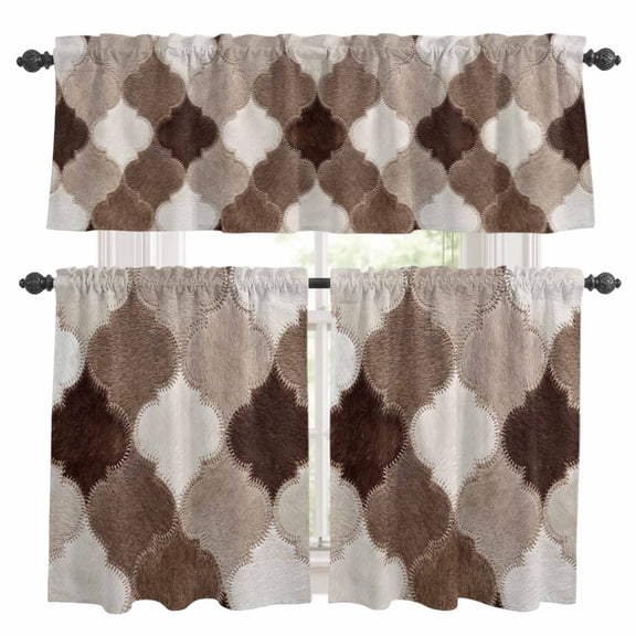 Moroccan Patchwork Kitchen Curtains and Valances Set, Western Ethnic Abstract Brown Beige Cream Fur Rod Pocket Window Valance Window Curtain Panels for Living Room Laundry, 27.5x24in, 3 Pieces