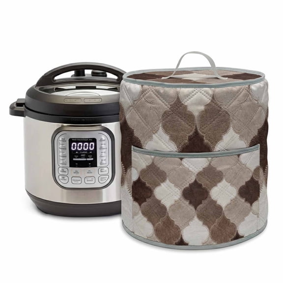 Moroccan Patchwork Rice Cooker Cover 6 Quart Western Ethnic Abstract Brown Beige Cream Fur Style Pressure Cooker Cover Appliance Protector Dust Case with Pocket and Handle for Kitchen