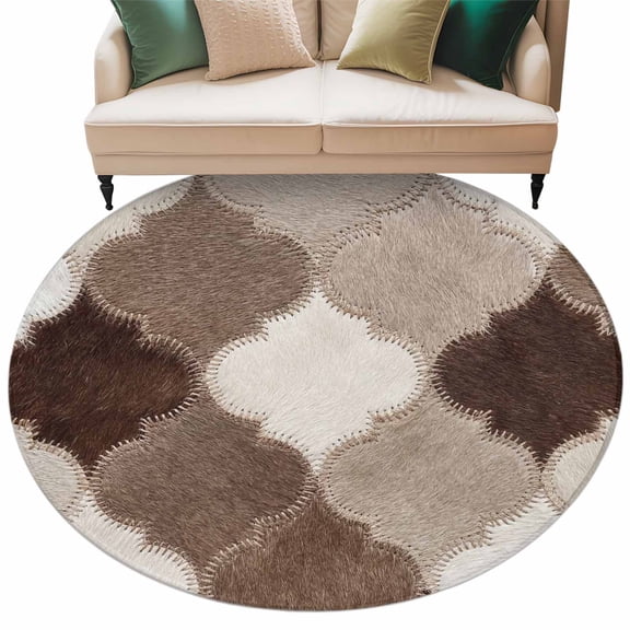 Moroccan Patchwork Round Living Room Rugs 6 ft, Western Ethnic Abstract Brown Beige Cream Fur Style Washable Area Rug with Non-Slip Sturdy Edge Binding Round Carpet for Kitchen Office Bedroom
