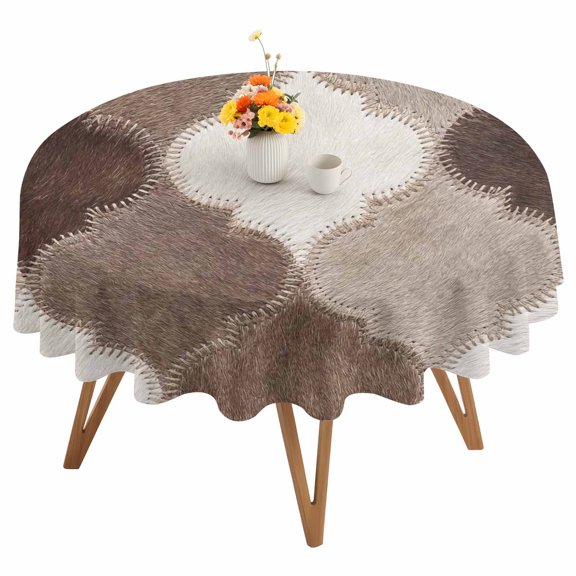 Moroccan Patchwork Round Tablecloth 54 inches Western Ethnic Abstract Brown Beige Cream Fur Style Waterproof Oil-Proof Table Cloth Round Table Cover for Holiday Party Picnic Dinner Decor