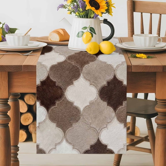 Moroccan Patchwork Table Runner 13x48 Inch Western Ethnic Abstract Brown Beige Cream Fur Style Cotton Linen Dining Table Runner Ideal for Dresser Kitchen Coffee Tables - Machine Washable