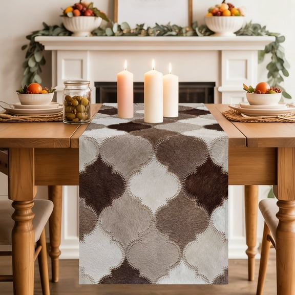 Moroccan Patchwork Table Runner, Western Ethnic Abstract Brown Beige Cream Fur Style Washable Cotton-linen Table Runners Dining Kitchen Decoration for Everyday Home Wedding Party Decor, 13 x 36 Inch