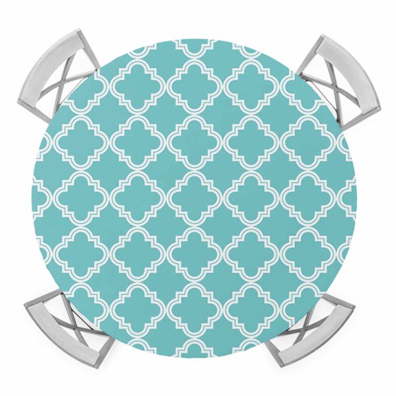 Moroccan Pattern Elastic Fitted Round Table Cover Geometric Trellis Cyan Blue Waterproof Outdoor Tablecloth for Holiday Party, Picnic, Patio & Dining Fits Tables Up to 36"-44"