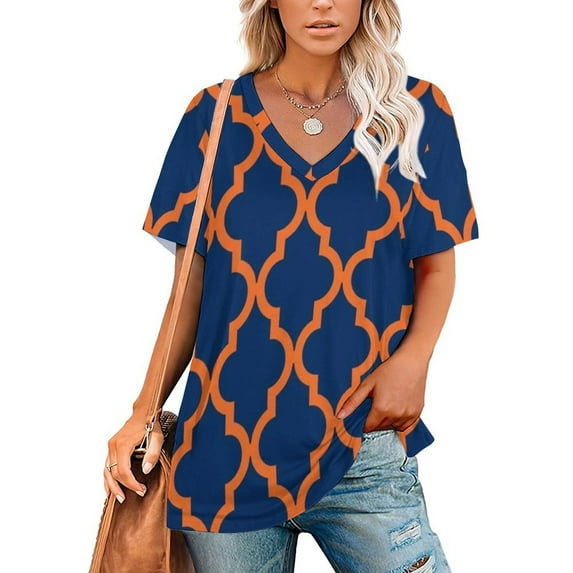 Moroccan Pattern : Orange & Navy Blue 2466 Women Print T Shirt Casual Off Shoulder Loose Pullover Tops Fashion Clothes Auburn