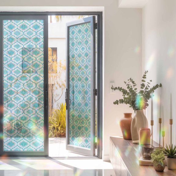 Moroccan Pattern Window Privacy Film, Rainbow Film Decorative Window Sticker 23.6x78.7in, Cyan Geometric Plaid Sun Blocking Static Stained Glass Cling Tint Non-Adhesive