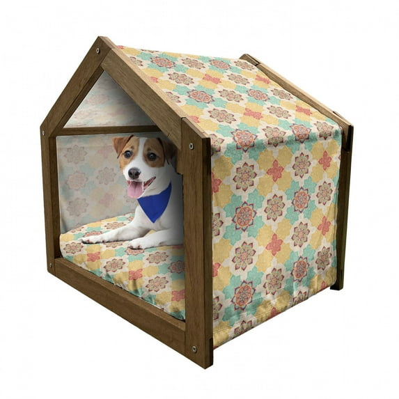 Moroccan Pet House, Bohemian Art Native Culture Elements Folkloric Design Blooming Flowers, Outdoor & Indoor Portable Dog Kennel with Pillow and Cover, 5 Sizes, Multicolor, by Ambesonne