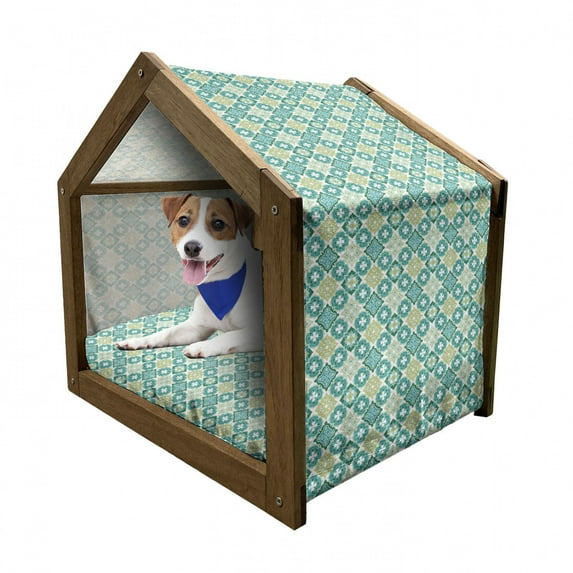 Moroccan Pet House, Colored Tiled Pattern Geometrical Diagonal and Triangle Forms Oldest Craft, Outdoor & Indoor Portable Dog Kennel with Pillow and Cover, 5 Sizes, Green Teal White, by Ambesonne