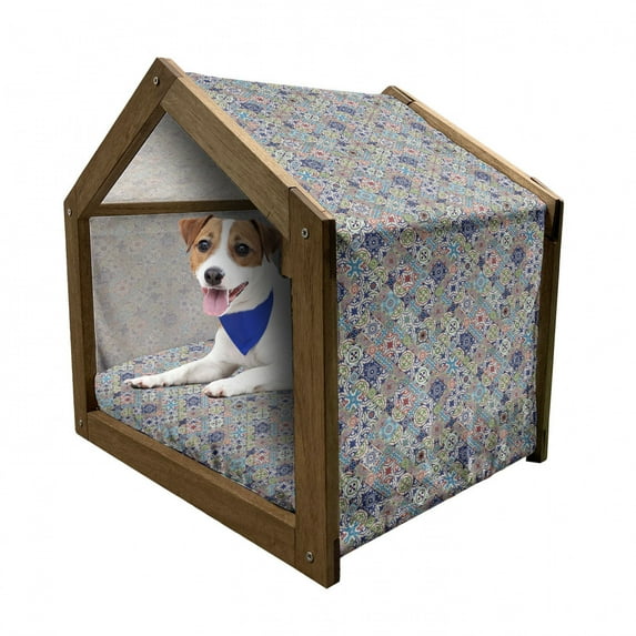 Moroccan Pet House, Complex Colorful Moroccan Tile Motifs Antique Floral Ornaments Design, Outdoor & Indoor Portable Dog Kennel with Pillow and Cover, 5 Sizes, Multicolor, by Ambesonne