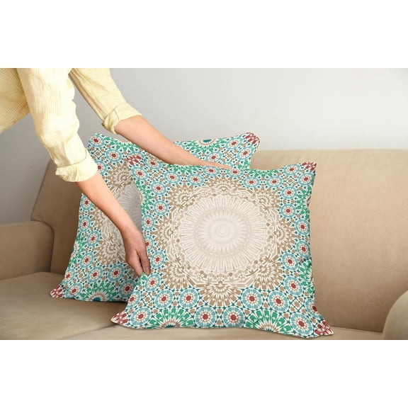 Moroccan Pillow Cushion Cover Pack of 2, Ottoman Mosaic Art Pattern Oriental Floral Forms Antique Scroll Ceramic Boho, Decorative Square Accent Pillow Case, 2 Pcs-20" x 20", Cream Turquoise