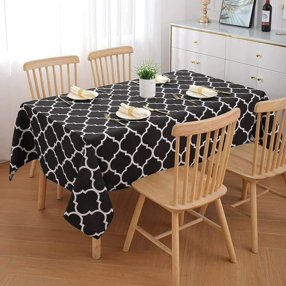Moroccan Polyester Tablecloth for Rectangle Tables \u2013 Waterproof Satin Resistant Washable Dining Table Protector for Holiday, Party, Black and White, 60 x 120 Inch