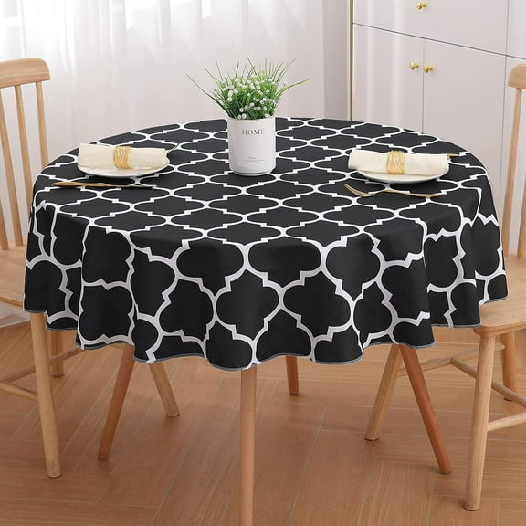 Moroccan Polyester Tablecloth for Round Tables \u2013 Waterproof Satin Resistant Washable Dining Table Protector for Holiday, Party, Black and White, 60 Diameter