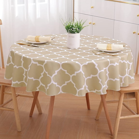 Moroccan Polyester Tablecloth for Round Tables \u2013 Waterproof Satin Resistant Washable Dining Table Protector for Holiday, Party, Khaki and White, 60 Diameter