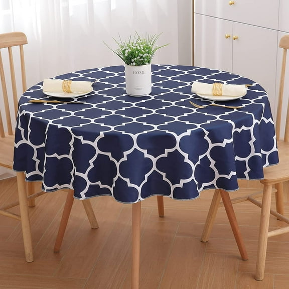 Moroccan Polyester Tablecloth for Round Tables \u2013 Waterproof Satin Resistant Washable Dining Table Protector for Holiday, Party, Navy Blue and White, 60 Diameter