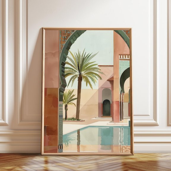 Moroccan Poolside Palm Tree Courtyard Scene Tropical Architecture Decor, Stretched Canvas 16x20in