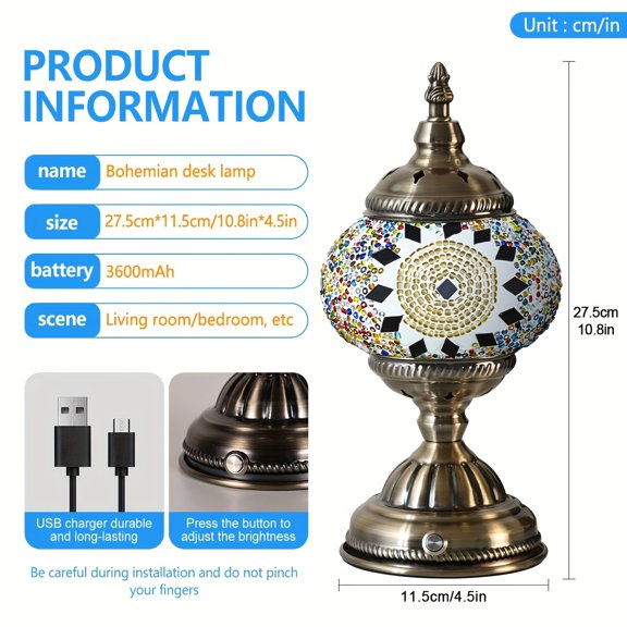 Moroccan Portable Desk Lamp, Mosaic Glass Halloween Night Light, 3600mAh Battery-Powered Wireless Decor Lamp, Bulb Included for Bedroom Living Room Patio Halloween Party