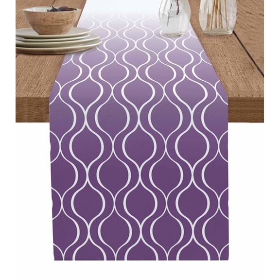 Moroccan Purple Burlap Cotton Table Runner 13x70 Inches Long, Geometric Gradient Plaid Modern Farmhouse Table Runners, Outdoor Dining Tablecloths Decor for Baby Shower/Party/Wedding