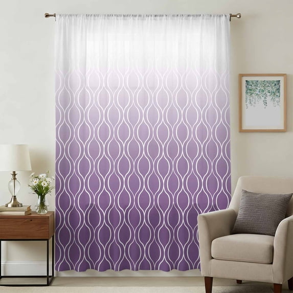 Moroccan Purple Sheer Curtains 54 Inches Long, Geometric Gradient Plaid Modern Light Filering Curtains, Breathable Simi Curtain Privacy Drapes for Kitchen Bathroom Lightweight Small Window Treatment