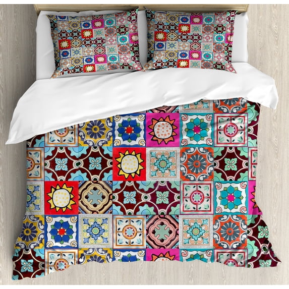 Moroccan Queen Size Duvet Cover Set, Arrangement of Ceramic Mosaic Tiles and Figures with Mathematical Geometric Artful, Decorative 3 Piece Bedding Set with 2 Pillow Shams, Multicolor, by Ambesonne