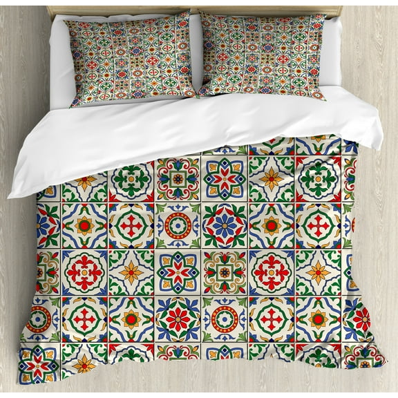 Moroccan Queen Size Duvet Cover Set, Colorful Azulejo Pattern Portuguese Ornamental Abstract Floral Arrangements Leaves, Decorative 3 Piece Bedding Set with 2 Pillow Shams, Multicolor, by Ambesonne