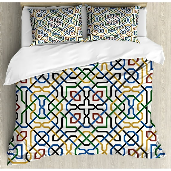 Moroccan Queen Size Duvet Cover Set, Traditional Moorish Motif with Classic Ethnic Arabic Effects Marrakesh Design Print, Decorative 3 Piece Bedding Set with 2 Pillow Shams, Multi, by Ambesonne