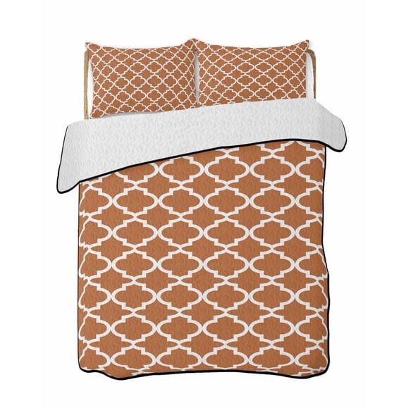 Moroccan Quilts Bedding Set Queen Size Orange Geometric Lightweight Quilted Bedspread 3 Piece Bed Quilt with 2 Pillow Shams All Season for Bedroom 78" x 90"