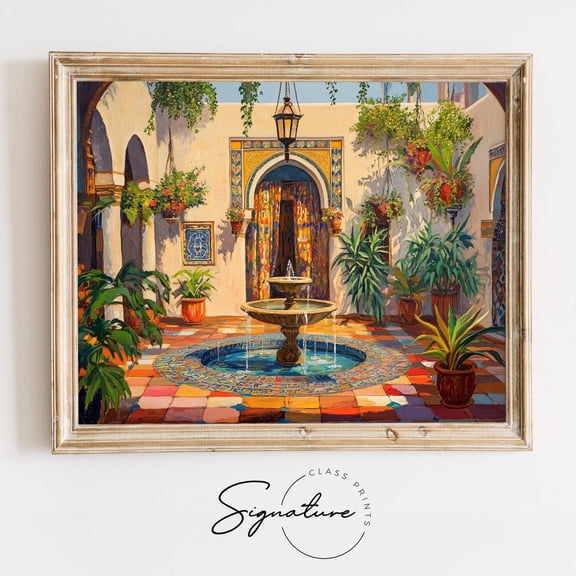 Moroccan Riad Courtyard With Fountain, Vibrant Rustic Wall Art, Warm Mediterranean Decor, Earthy Landscape, 3594 Home Decor, 8x12 UNFRAMED