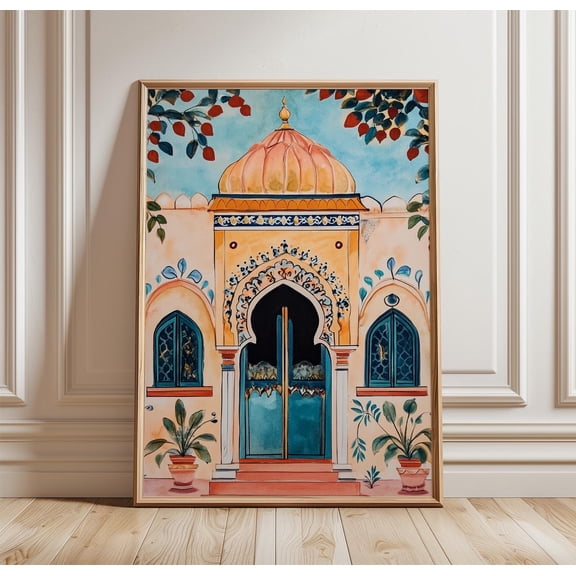Moroccan Riad Poster | Marrakech Architecture Art | Islamic Doorway Print | Boho Travel Wall Decor | Exotic Building Illustration, Poster Only