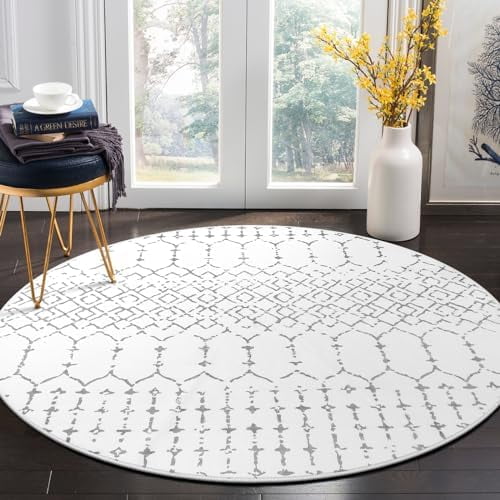 Moroccan Round Area Rug - 5Ft Machine Washable Soft Round Bedroom Rugs Non-Slip Throw Round Rugs for Living Room, Modern Geometric Print Low-Pile Circle Rugs for Office Dining Room Classroom