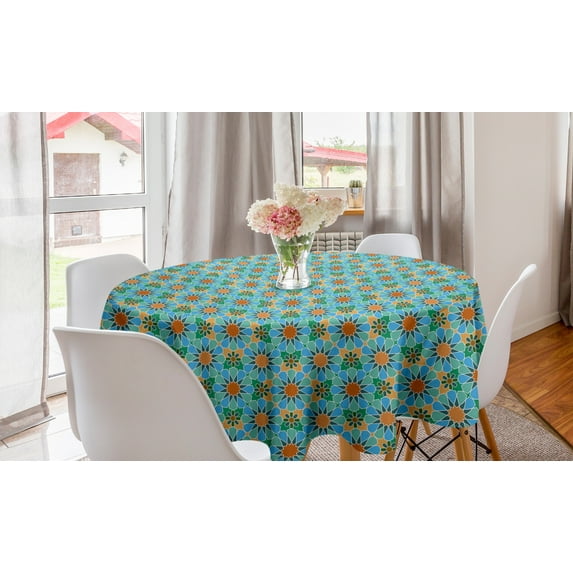 Moroccan Round Tablecloth, Geometric Repetitive Pattern of Eastern Floral and Star Inspired Ornaments, Circle Table Cloth Cover for Dining Room Kitchen Decor, 60", Multicolor, by Ambesonne