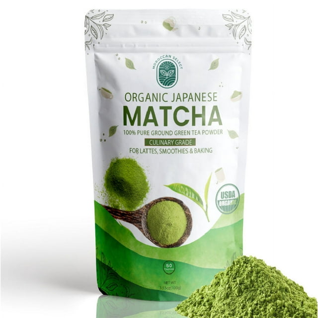 Moroccan Select Pure Organic Matcha Green Tea Powder, 3.5 Ounce Pouch 100gr,.Authentic Japanese