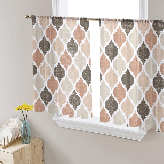 Moroccan Semi Sheer Curtains 54 Inch Length 2 Panels Set, Retro Moroccan Brown Sheer Kitchen Curtain Privacy Voile Window Curtain for Living Room Bedroom Rod Pocket Drapes