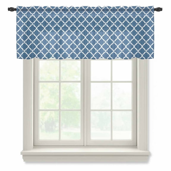Moroccan Semi Sheer Valance Curtains Blue Geometric Voile Valances Curtain Rod Pocket Small Window Treatment for Kitchen Bathroom Cafe 60"x18"