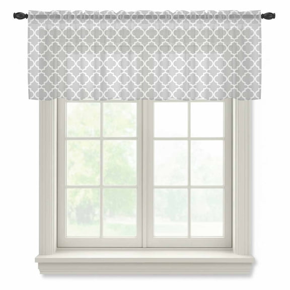 Moroccan Semi Sheer Valance Curtains Light Grey Geometric Voile Valances Curtain Rod Pocket Small Window Treatment for Kitchen Bathroom Cafe 42"x12"