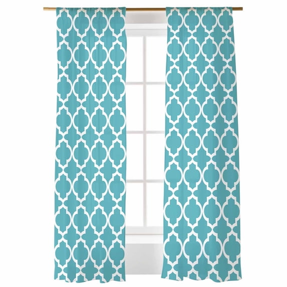 Moroccan Sheer Curtains 84 inches Long, Turquoise Geometric Farmhouse Abstract Modern Light Filtering Sheer Window Curtains Rod Pocket Voile Drapes for Bedroom Living Room, 52"W x 84"L 2 Panels