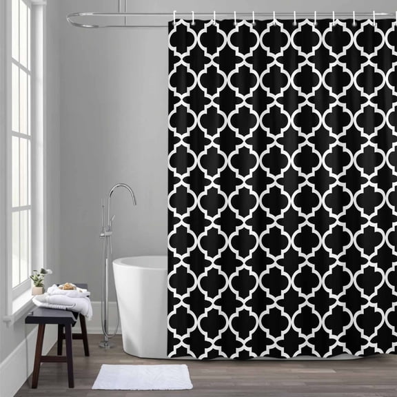 Moroccan Shower Curtain for Bathroom Decor, Black Geometric Waterproof Fabric Shower Curtain, 72"x78" Set with 12 Hooks