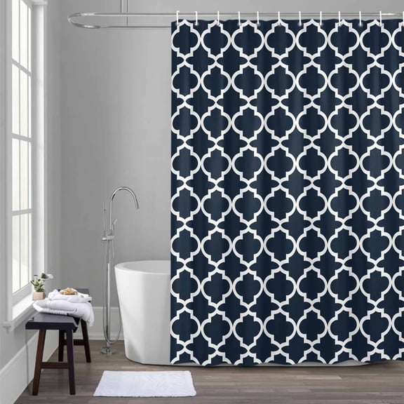 Moroccan Shower Curtain for Bathroom Decor, Navy Blue Geometric Waterproof Fabric Shower Curtain, 72"x72" Set with 12 Hooks