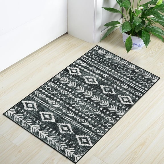 Moroccan Small Rug 2x3, Black and White Non-Slip Washable Indoor Front Door Mat with Rubber Backing, Low-Profile Modern Farmhouse Boho Area Rug for Entryway, Bathroom, Kitchen, Decor