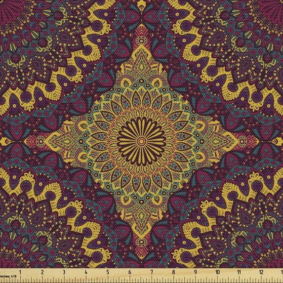 Ambesonne Moroccan Fabric by the Yard Upholstery, Tribal Art Mandala, 1 Yard, Plum Petrol Blue Yellow